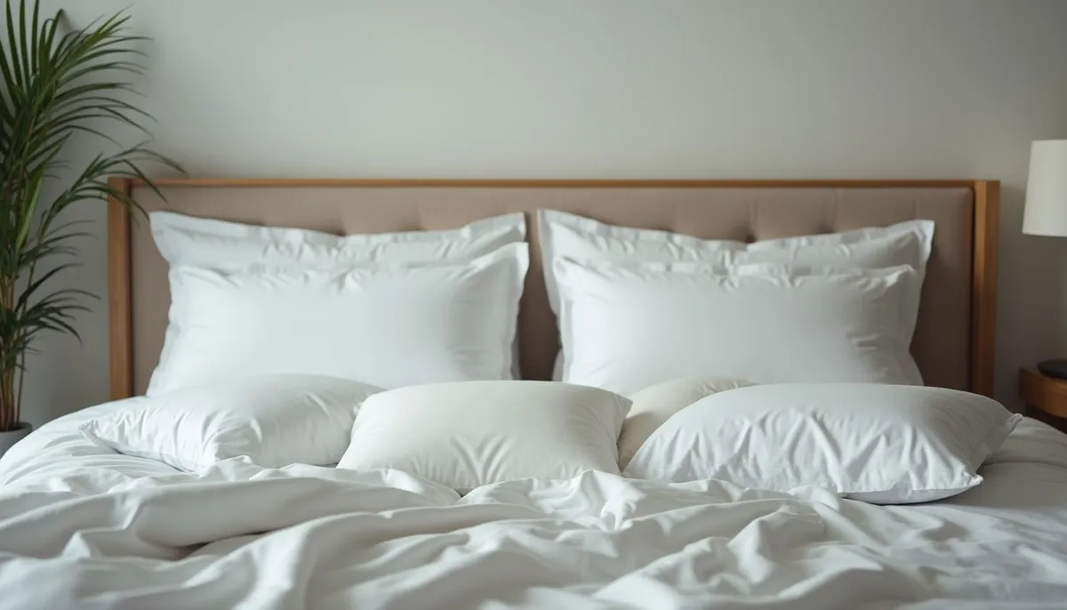 Eye-level view of various types of pillows on a bed